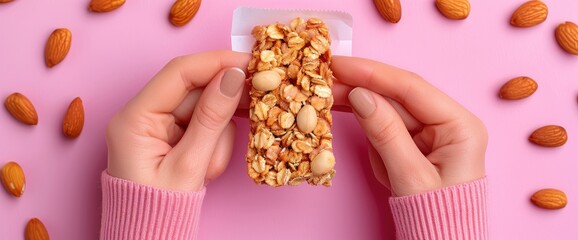 Obraz premium A Young Woman'S Hand Holding A Cereal Bar On A Pastel Pink Table, The White Pack Opened, A Close-Up Of A Healthy Snack