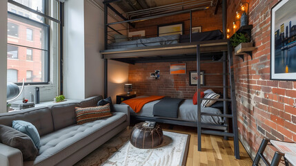 Chic urban studio with a pull-out couch beneath a stylish loft bed with built-in storage and a modern metal ladder
