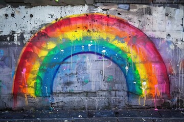 Neon rainbow graffiti on urban wall