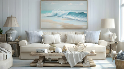 Coastal-themed living space with a sandy beige sofa, driftwood coffee table, seashell decor, and a serene ocean painting, evoking a beachside retreat