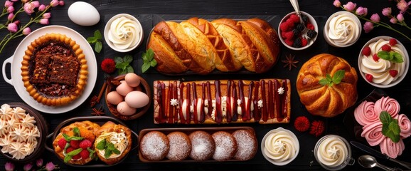 An Easter Table Scene With An Assortment Of Breads, Desserts, And Treats, A Top View Over A Festive Spread