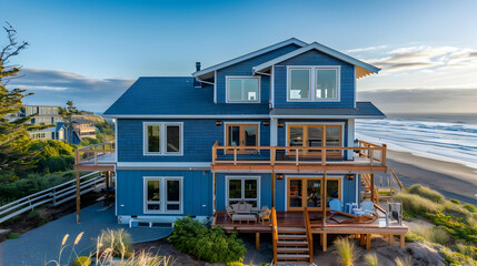 Coastal beach house with bright blue siding, spacious deck, and panoramic ocean views under a clear sky
