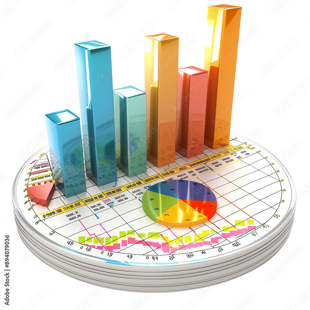 Poster colorful 3d bar and pie charts displaying financial or business data analysis on a circular platform