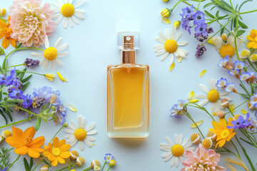Bottle of perfume with beautiful different flowers on blue background, flat lay