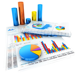 Colorful charts and graphs depicting financial data analysis and business statistics, showcasing economic trends and projections.