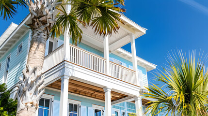 Coastal beach house with white shutters, wraparound balcony, and swaying palm trees under a clear blue sky