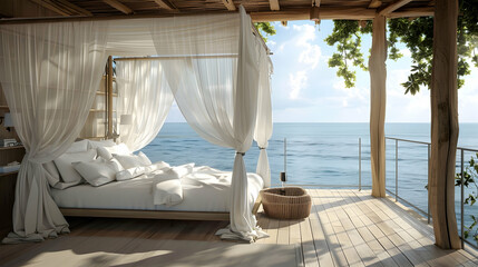 Coastal bedroom with wooden floor, panoramic sea view, minimalist decor, and a canopy bed draped in white linens in a serene beachfront retreat