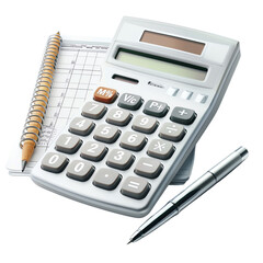 Calculator, notebook, and pen on a white background. Perfect for finance, accounting, and office work concepts.