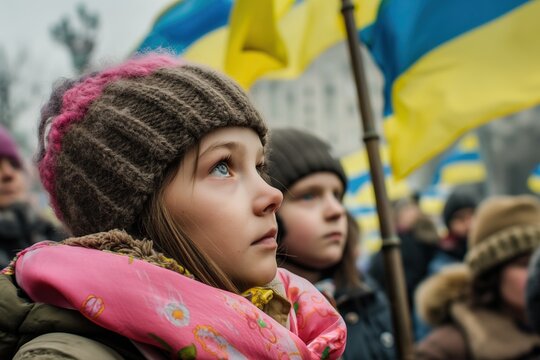 Children with a flag at a rally in support of Ukraine. - Powered by Adobe