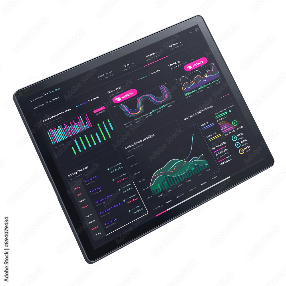 Aufkleber digital tablet display showing modern data analytics dashboard with charts and graphs in a sleek bla