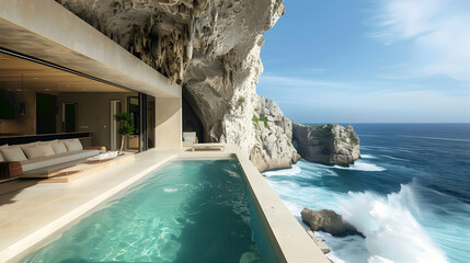 Coastal cliffside villa with an infinity pool overlooking crashing waves, a sunken lounge area, and...