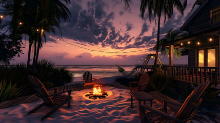 Coastal cottage at twilight: Adirondack chairs around a beach bonfire, a seafood grill, wooden boardwalk, hammocks, and palm trees swaying in ocean breeze