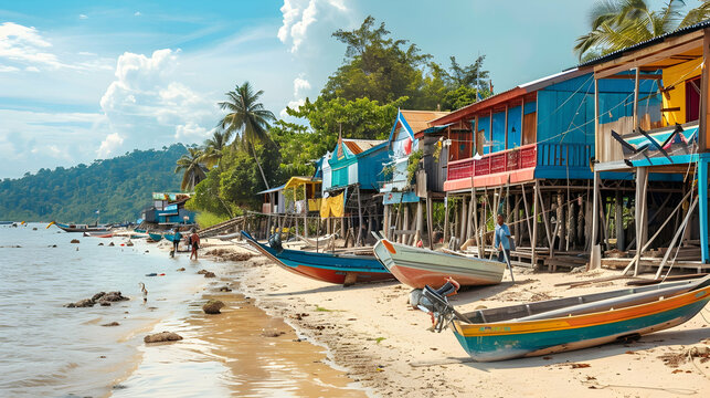 Coastal fishing village with colorful wooden shacks, fishing boats moored along a sandy shore, and children playing in the surf