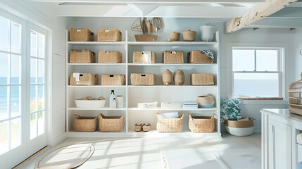 Coastal storage room with white shelving, wicker baskets, beach-themed decor, and natural light streaming through windows overlooking the ocean