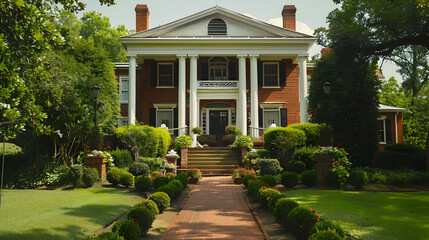 Obraz premium Colonial-style home exterior on a sunny day, featuring a grand porch with white pillars and a red brick facade framed by lush gardens