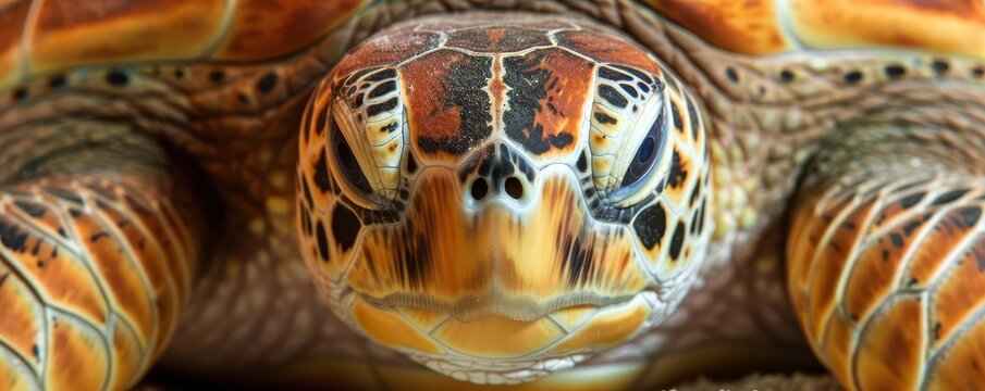 Close-up of a turtle's face, highlighting intricate patterns on its shell and scales. Captivating nature and wildlife photograph.
