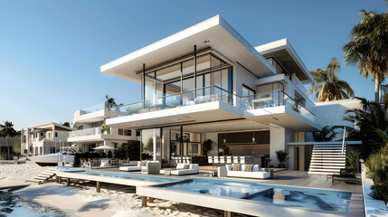 Fototapeta premium Contemporary beach house with white terraces, blue accents, and tiered decks overlooking a bustling marina