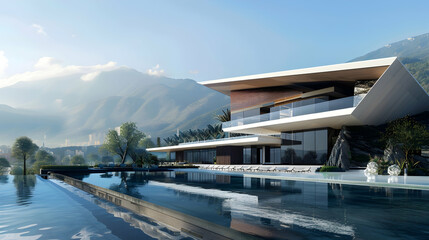 Obraz premium Contemporary event hall with sleek architecture, infinity pool, and stunning mountain backdrop