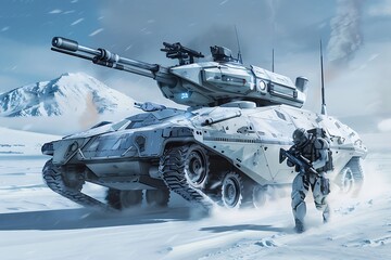 Futuristic Armored Vehicle and Soldier in Snowy Landscape.