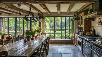 Rustic kitchen and dining room with wooden beams, farmhouse table, vintage appliances, and large...