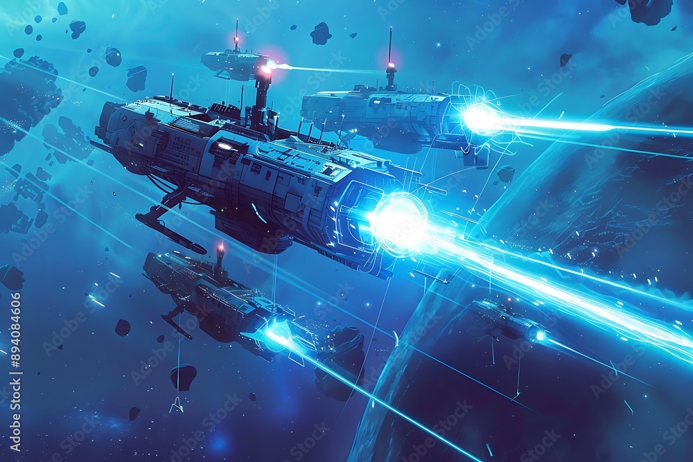 Poster Futuristic Spaceships in a Cosmic Battle.