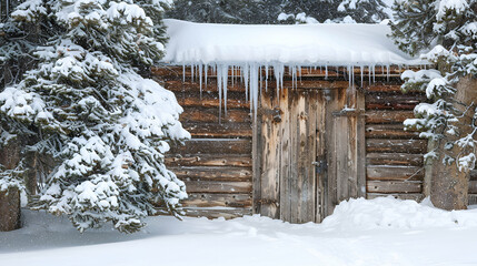 Rustic wooden cabin door framed by snowy pine trees and glistening icicles in a serene winter landscape