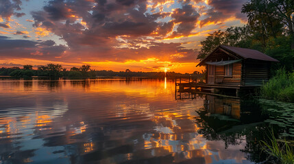 Fototapeta premium Serene lakeside at sunset with a rustic cabin, the sky ablaze with colors reflecting off the calm water
