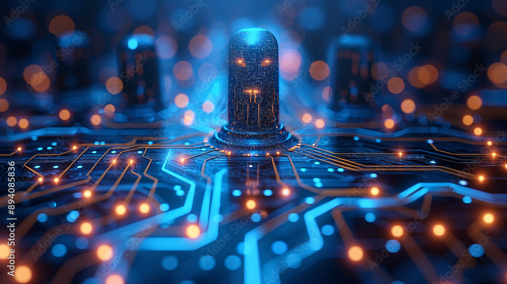 Poster illustration of abstract blue futuristic digital hi tech with line connecting and digital circuit el
