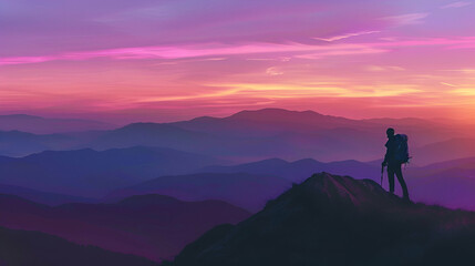 Obraz premium Silhouette of a hiker against a stunning mountain vista at dusk, the sky painted in shades of pink and purple