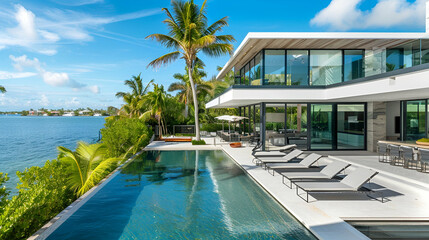Fototapeta premium Sleek seaside retreat with modern architecture, rooftop infinity pool, and unobstructed water views
