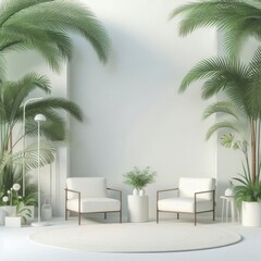 Fototapeta premium The white baground is set against a backdrop of lush palm leaves generative with ai