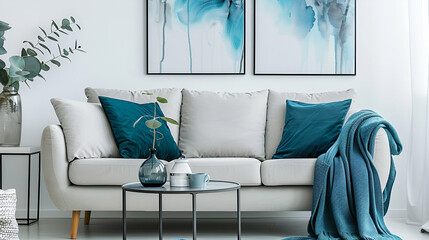 Stylish apartment with a teal blanket on a light gray sofa, coordinating wall art, and a minimalist metal coffee table for a fresh look