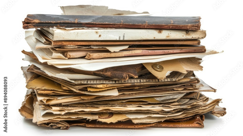 Sticker stack of vintage papers and items on white background