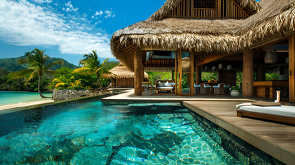 Obraz premium Tropical island retreat with a thatched-roof lounge, open-air design overlooking a crystal-clear lagoon, and vibrant marine life