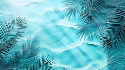 Tropical design with palm shadows and aqua waves on blue. Luxury summer travel.