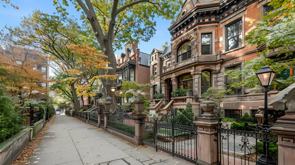 Fototapeta premium Urban brownstone with a tree-lined avenue, wrought iron fencing, and a classic streetlamp in a historic district