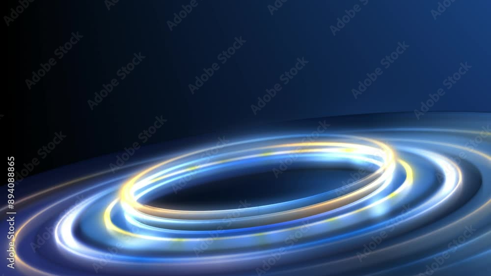Poster looping abstract animation of rotating glowing blue circles and discs stacked on each other