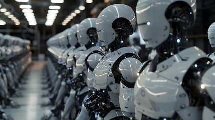 Fototapeta premium A team of AI robots working collaboratively in a factory setting