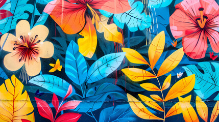 Urban Graffiti Art Background with Bold Floral and Plant Murals, combining street art elements with vibrant colors and edgy designs in a cityscape