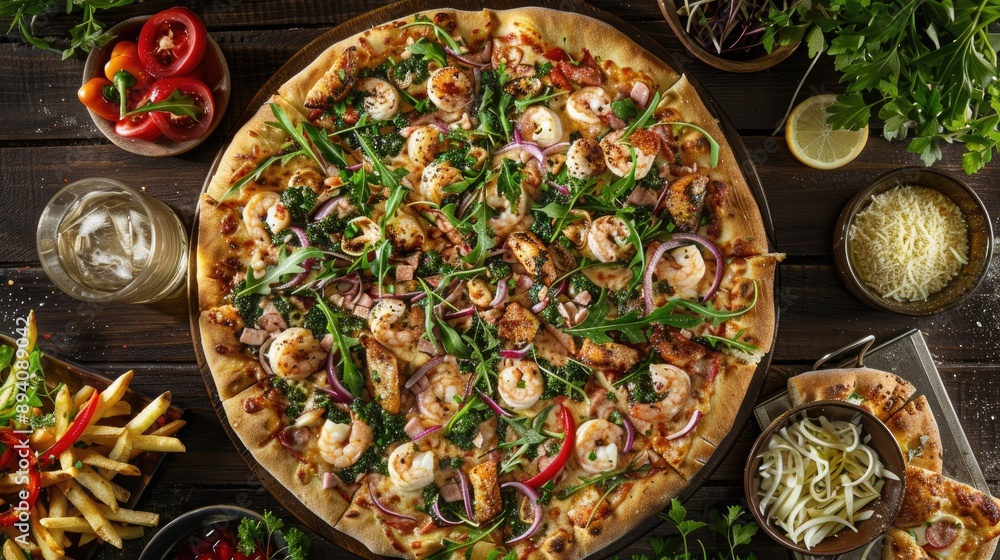 Sticker Seafood pizza surrounded by ingredients on wooden background with plants drink and fries