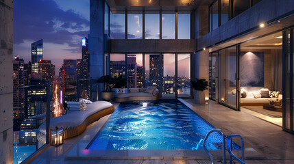 Obraz premium Urban loft with a rooftop terrace, sleek indoor pool, and skyline views of city lights shimmering at night