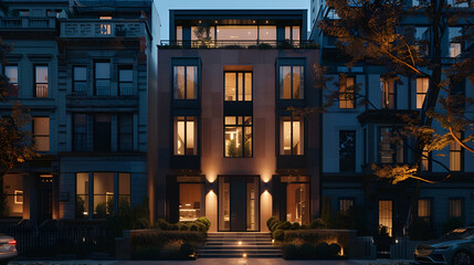 Urban townhouse with a minimalist facade, strategically placed spotlights highlighting...