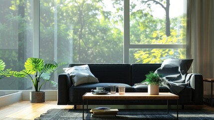 Fototapeta premium Modern table by black sofa in living room with window