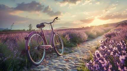 Naklejka premium Vintage bicycle on a cobblestone path through a blooming lavender field at golden hour, capturing the serene countryside