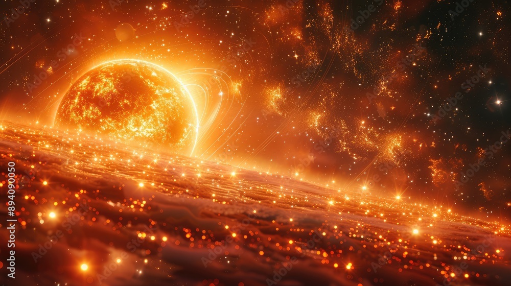 Poster a cosmic 3d scene where planets are musical instruments orbiting around a sun that pulses with sound