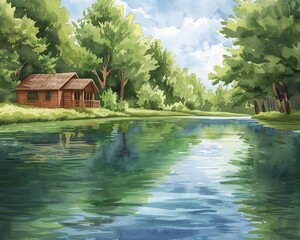 Obraz premium Scenic view of a cabin by the lakeside surrounded by lush greenery and clear blue sky, creating a tranquil and serene atmosphere.