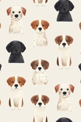 pattern featuring cute illustrated dogs with different fur colors and patterns on a light background, perfect for textile design.