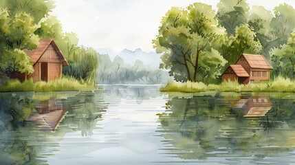 Serene lakeside scenery with cozy cabins and lush greenery, reflecting on calm waters, perfect for nature and tranquility lovers.