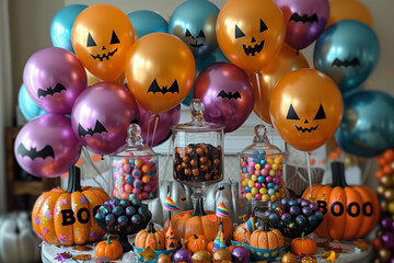 Halloween party decorations, colorful balloons with black lettering "BOO", glittery bats and pumpkins on the wall, surrounded candy boxes filled with themed treats