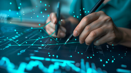 Businessman draw growth graph and progress of business and analyzing financial and investment data ,business planning and strategy on blue background